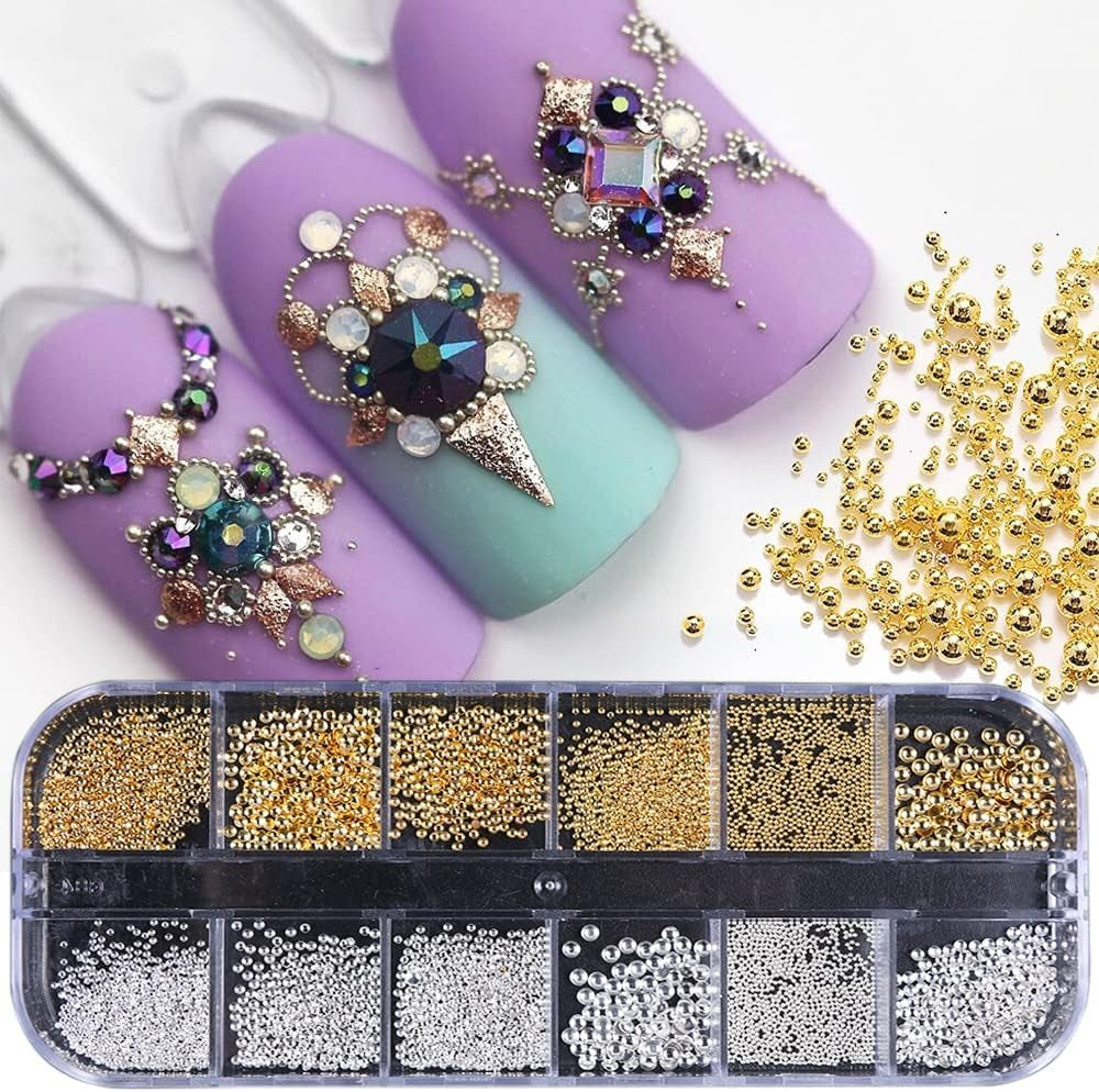 GZMAYUEN Nail Art Perlen Micro Caviar Für Nägel, 0.3-3Mm Goldene Silber Mini Caviar Strasssteine, Weiß Beige Mini Nägel Perlen Mikroperlen Dekor Für Nägel