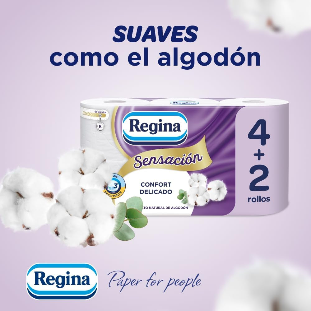 Regina Feeling – 42 Rollen Toilettenpapier, 175 Blatt mit drei Schichten, natürlicher Baumwollextrakt und zarter Duft, 60 % recycelte Kunststoffverpackung, 100 % FSC-zertifiziertes Papier