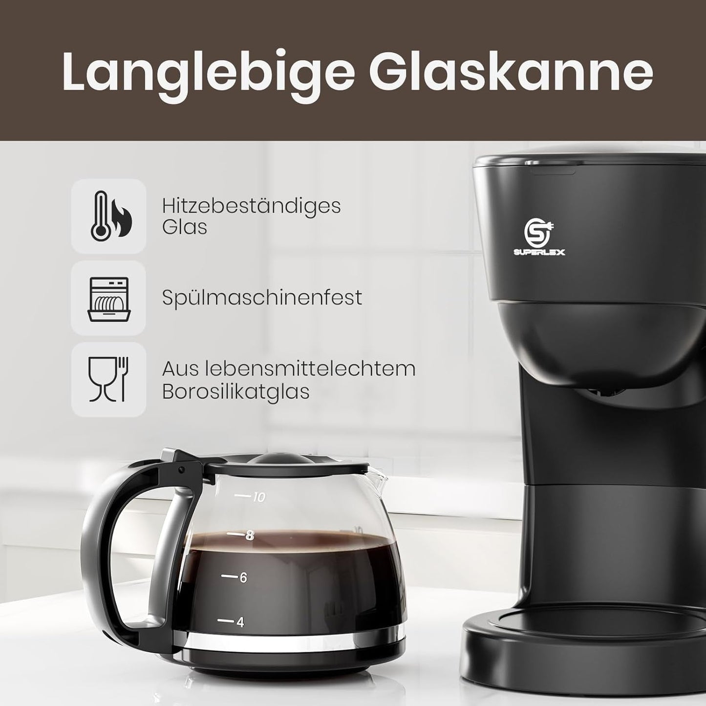 1,25 l Filterkaffeemaschine für 10 Tassen Filterkaffee, spülmaschinenfeste Glaskaraffe, Thermoskanne, Anti-Tropf-System, automatische Abschaltung, 600 W, wasserloser Kochschutz für Zuhause und Büro
