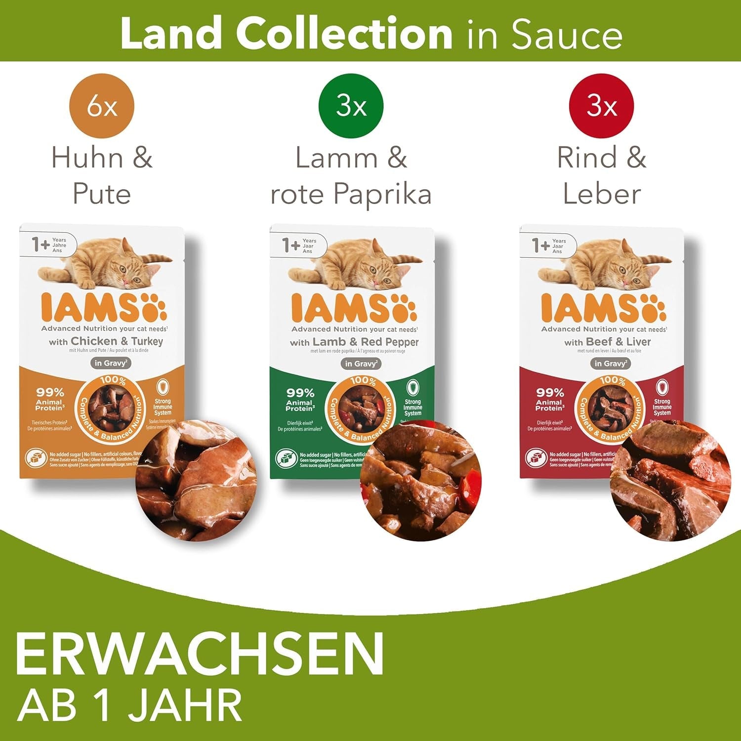 IAMS Delights Land Collection Nassfutter für Katzen – Multipack mit Fleischsorten (Lamm, Rind, Huhn und Pute) in Soße, Nassfutter für Katzen ab 1 Jahr, 12 x 85g