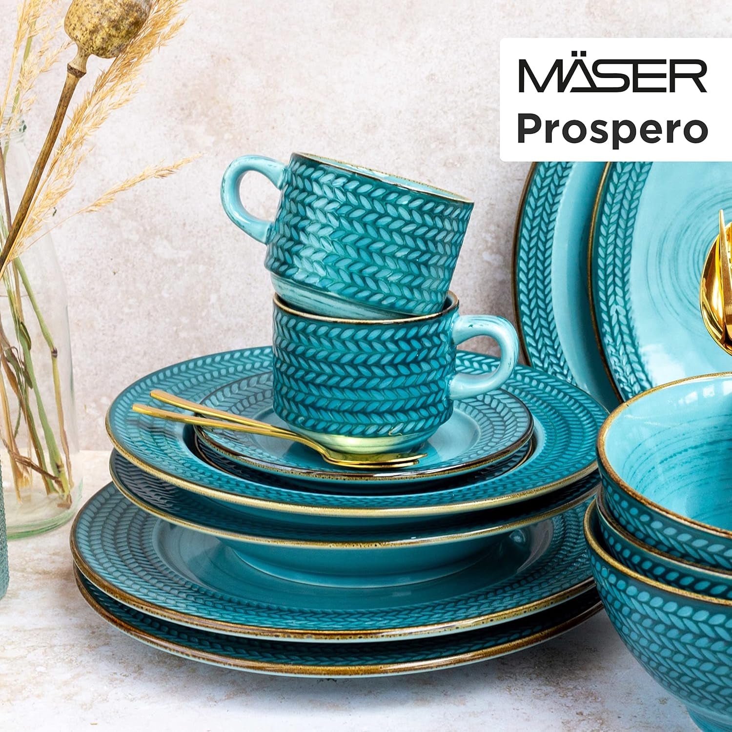 Prospero Premium-Kaffeeset für 4 Personen, Restaurantqualität, 12-teiliges modernes Kaffeeservice im einzigartigen Vintage-Stil, langlebiges Porzellan, Blau