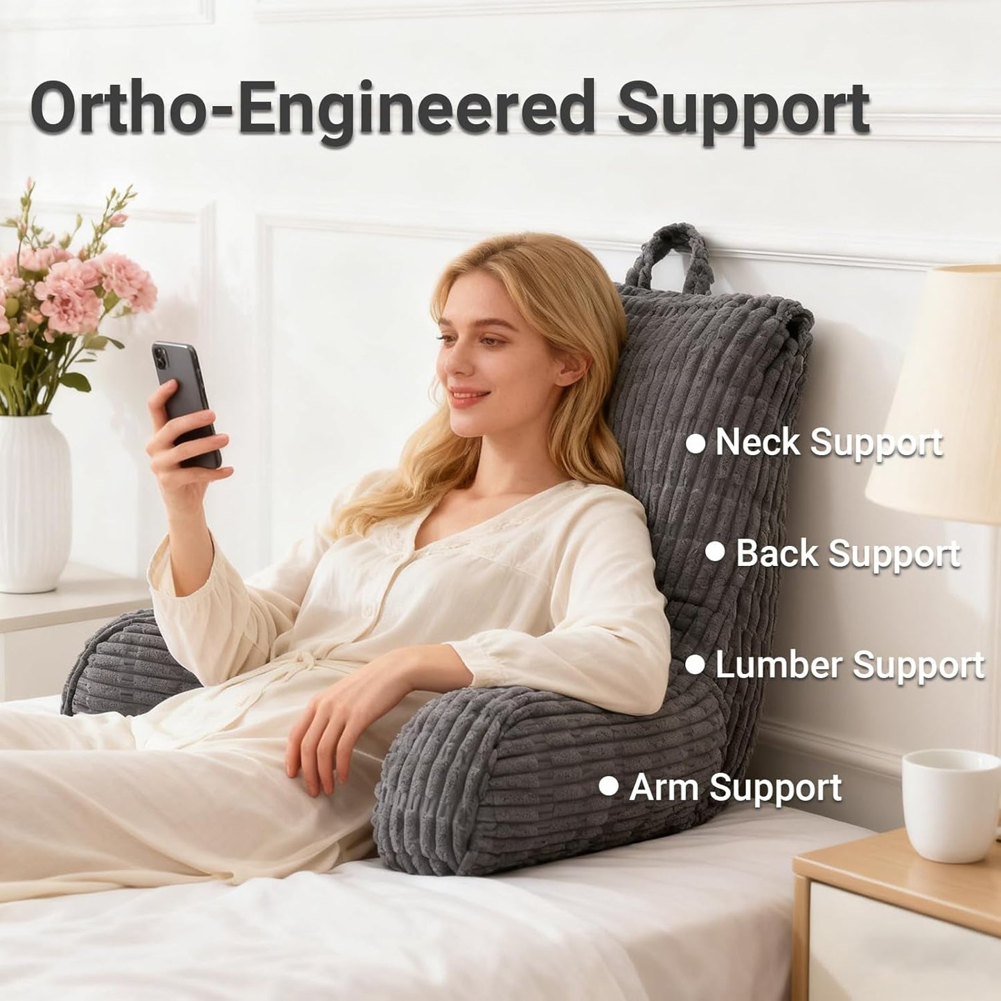 Lesekissen für Bett und Sofa, Lesekissen mit Handgelenkauflage, Armlehnen und Rückenstütze, Bettrückenkissen zum Ausruhen, Entspannen, Lesen, Arbeiten am Laptop, Fernsehen (Dunkelgrau)