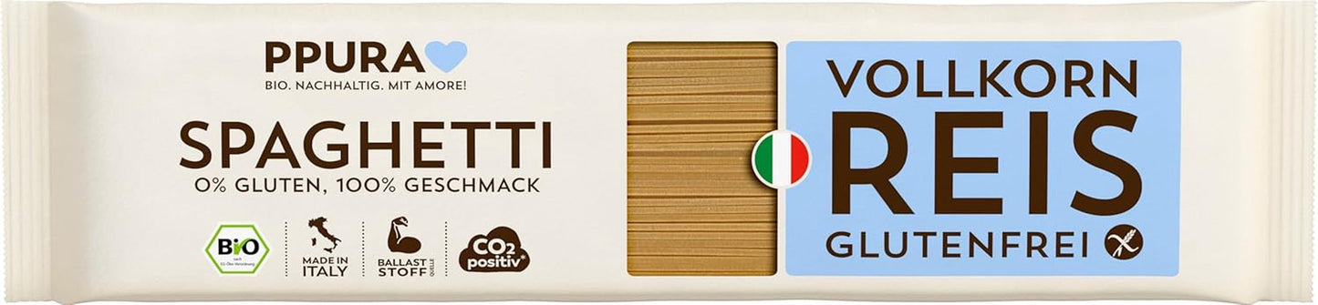 PPURA Spaghetti mit glutenfreiem Bio-Vollreis 400g – Italienische Naturnudeln mit Bio-Vollreis – Glutenfrei, ohne Zucker oder Zusatzstoffe, traditionell zubereitet