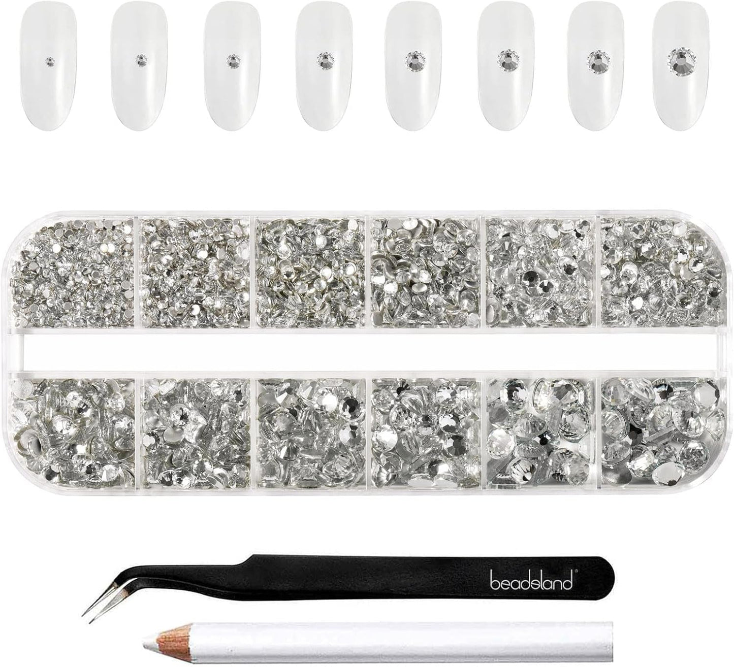 Beadsland 2500 Stück Glas Nailart Strasssteine ​​​​Kristall Flatback Edelsteine ​​​​Runde, ​​Für Handwerk Gemischt 8 Größen SS4 ~ SS30 Mit Picking Pinzette Und Stift (Kristall Weiß)
