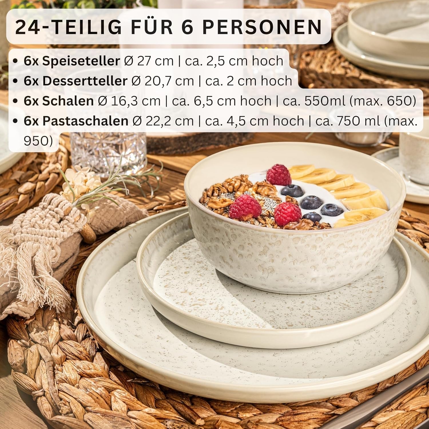 SÄNGER Key West | Steinzeug-Geschirr-Set, 24-teiliges Speiseteller-Set für 6 Personen, 6 Speiseteller, Müslischalen, Dessertteller, Nudelschalen, cremefarbenes Geschirr mit sandiger Textur | DIE VALUE-KOLLEKTION