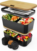 Umami Lunchbox für Erwachsene, auslaufsichere stapelbare Bento-Box mit 4 Besteck und Fächern, Lunchbox für Erwachsene, To-Go-Salatbehälter, Picknick-/Büro-Lunchbox, Anthrazit, 1500 ml