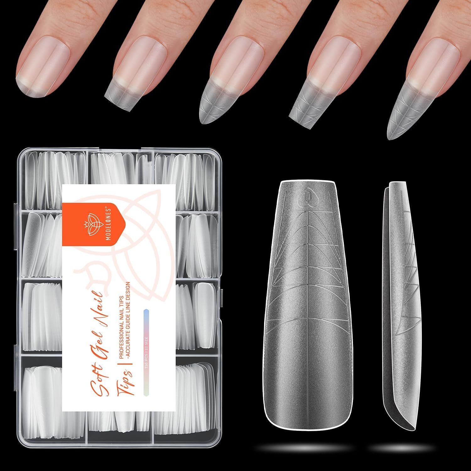 Modelones Nagelspitzen 216-teilig – Nagelspitzen-Set mit vollständiger Abdeckung, weiches Gel-Spitzen-Set, vorpolierende PMMA-Harz-Nagelspitzen, DIY-Kleber auf künstlichen Nägeln für Nagelkunst, kurze Mandeln XS