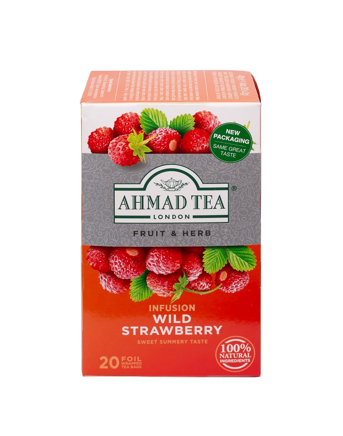 Ahmad Tea – Walderdbeere – entkoffeinierter Früchte- und Kräutertee – Erdbeere – aromatisiert, einzeln verpackte Teebeutel mit 2 g Tee pro Portion – 20 mit Bändern versehene Teebeutel