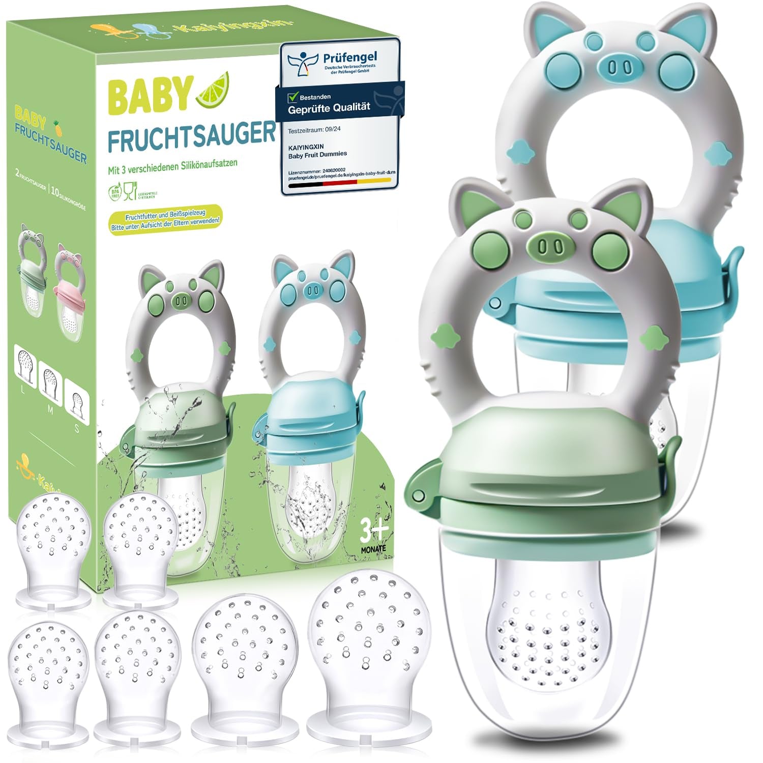 Baby-Fruchtschnuller, 2er-Pack Fruchtschnuller für Babys ab 3 Monaten, verbesserte Version 2023, befüllbare Schnuller, Brei-Schnuller, Fruchtschnuller für Babys, BPA-frei, 8 Silikonsauger in 3 Größen