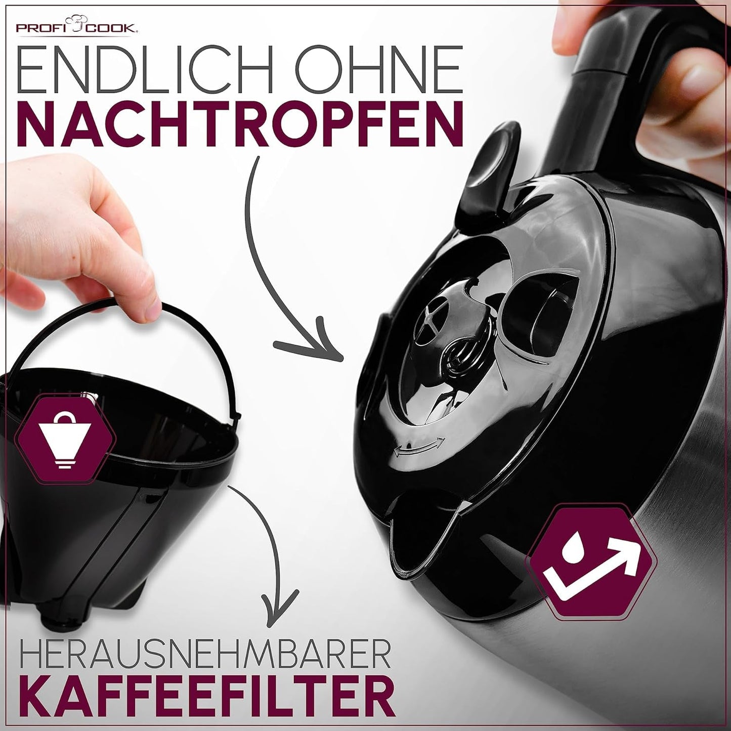 Kaffeemaschine Profi Cook | 8-10 Tassen | Timer | Sensor-Touch-Steuerung | 1,2 Liter doppelwandige Thermoskaraffe | Geschmackssiegel | Filterkaffeemaschine aus Edelstahl | PC-KA 1191