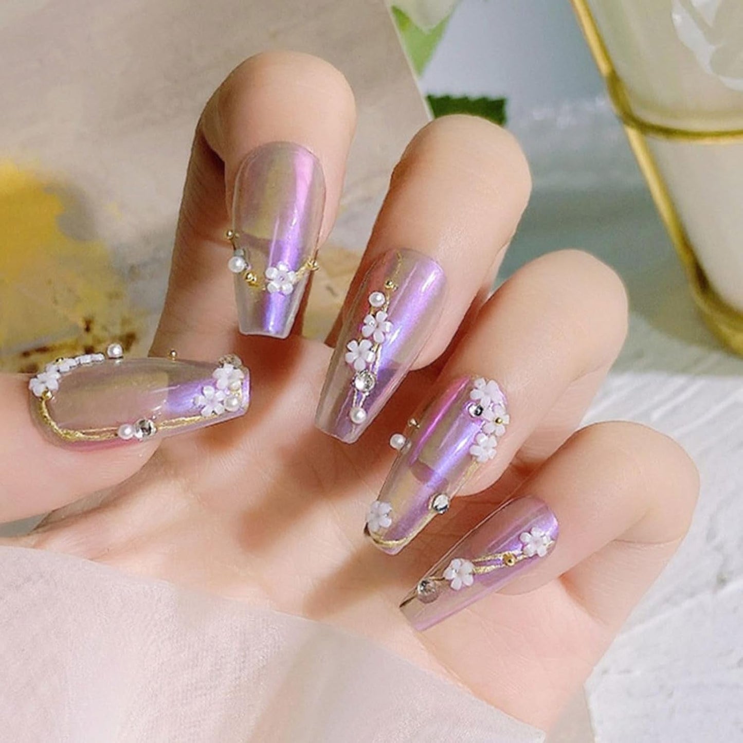 3D-Blumen-Nagel-Charms, 12 Gitter, Acrylharz-Blume und Gold-Silber-Perlen, Nagelsteine, Blumen-Gel-Nägel, Blumen-Nageldekorationen für Frauen und Mädchen, DIY-Maniküre-Zubehör