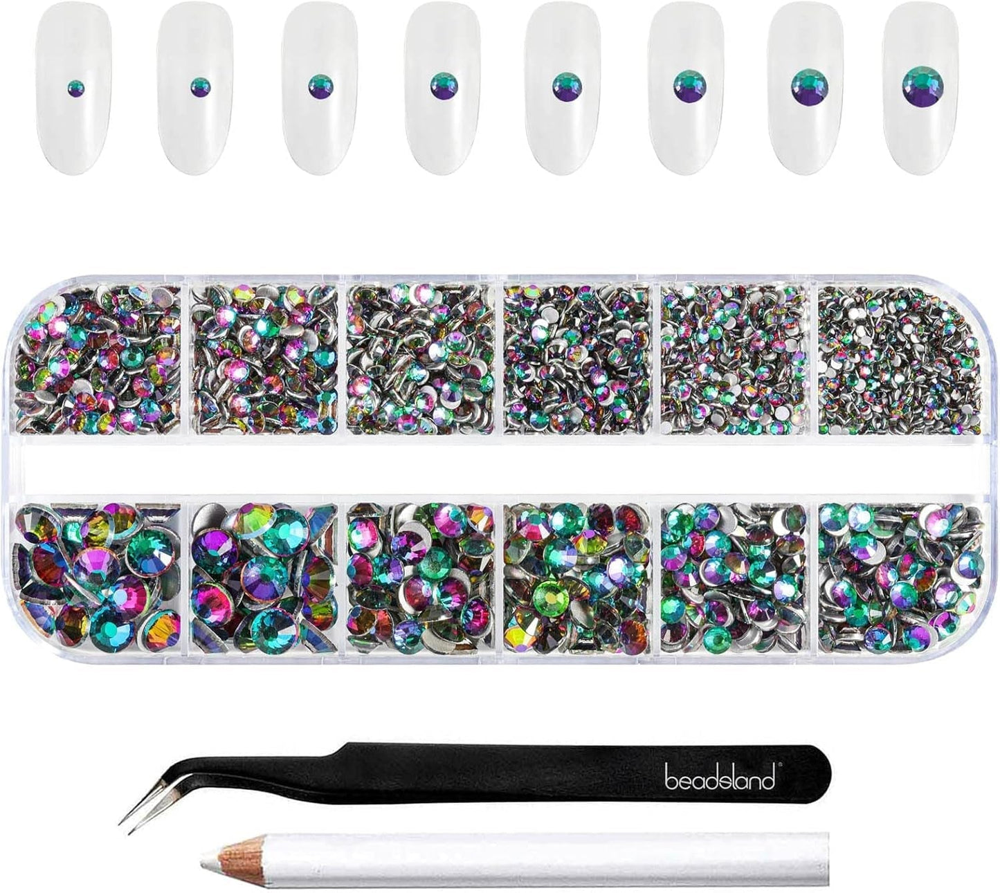 Beadsland 2500 Stück Glas Nailart Strasssteine ​​​​Kristall Flatback Edelsteine ​​​​Runde, ​​Für Handwerk Gemischt 8 Größen SS4 ~ SS30 Mit Picking Pinzette Und Stift (Kristall Weiß)