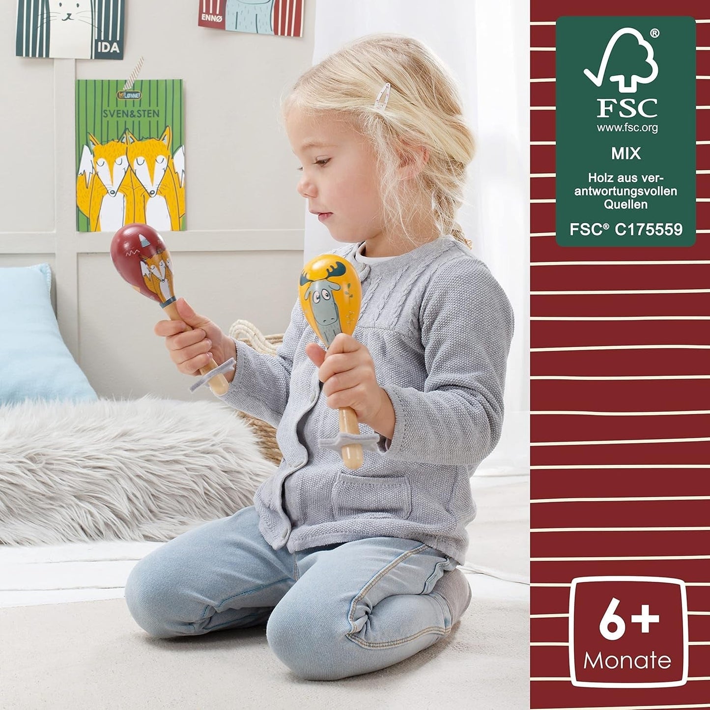 HEJ LØNNE 2er-Set Holzglocken – Maracas für Kinder – Musikinstrument aus Holz zur Förderung von Motorik, Koordination und Sozialverhalten – Holzglocke für Kinder – Kinderspielzeug Toys Bebe Naty Shop