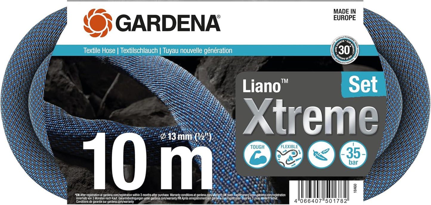 Gardena Liano Xtreme 1/2 Zoll 10m Set: Extrem robuster Textil-Gartenschlauch für Innenwasserhähne mit leichtem, wetterfestem PVC-Innenschlauch (18460-20)