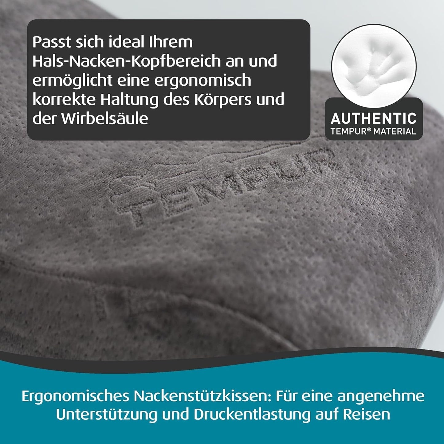 TEMPUR Memory Foam Reisekissen, ergonomisches Nackenkissen, inklusive Tragetasche, anthrazit, Maße 25 x 31 x 10/7 cm