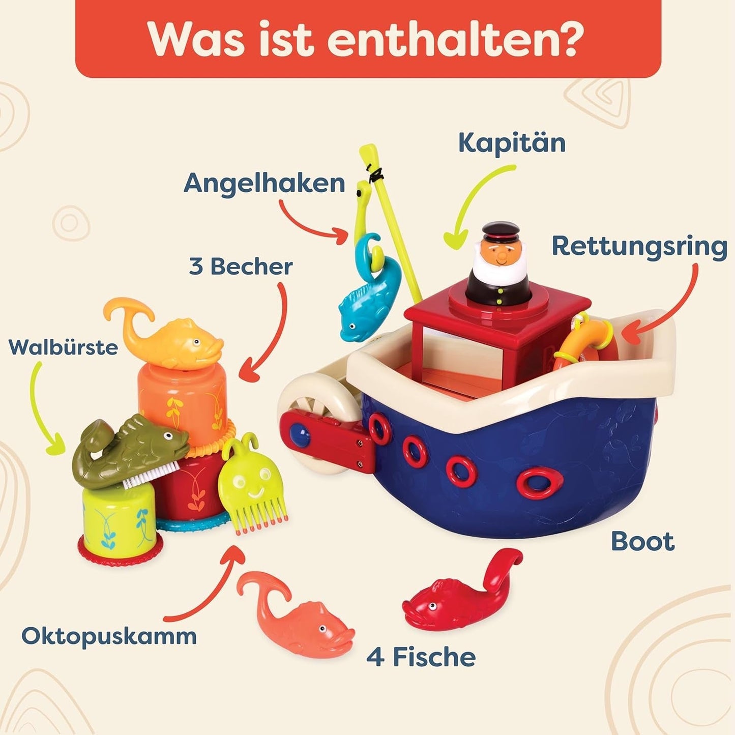 B. Toys 13-teiliges Badewannenspielzeug für Kinder mit Boot, Stapelbecher, Fisch, Angelspielspielzeug für Kinderbadewanne ab 1 Jahr Toys Bebe Naty Shop