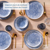 Azurblaues Vintage-Geschirrset aus Steingut für 6 bis 24 Teile – weiße und blaue Streifen, geprägte Oberfläche – spülmaschinen-, ofen- und mikrowellenfest