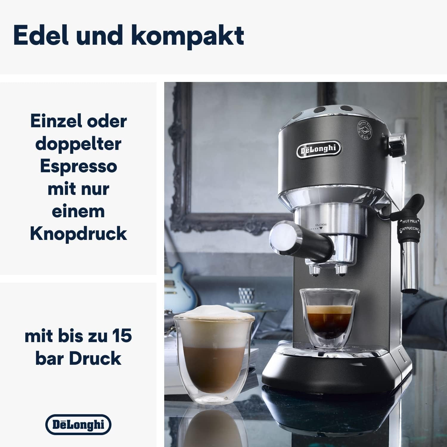 De'Longhi Dedica Style EC 685.B – Espressomaschine mit Siebträger, Espressomaschine mit professionellem Milchaufschäumer, nur 15 cm breit, für gemahlenen Kaffee oder ESE-Kapseln, 1 l Wassertank, schwarz