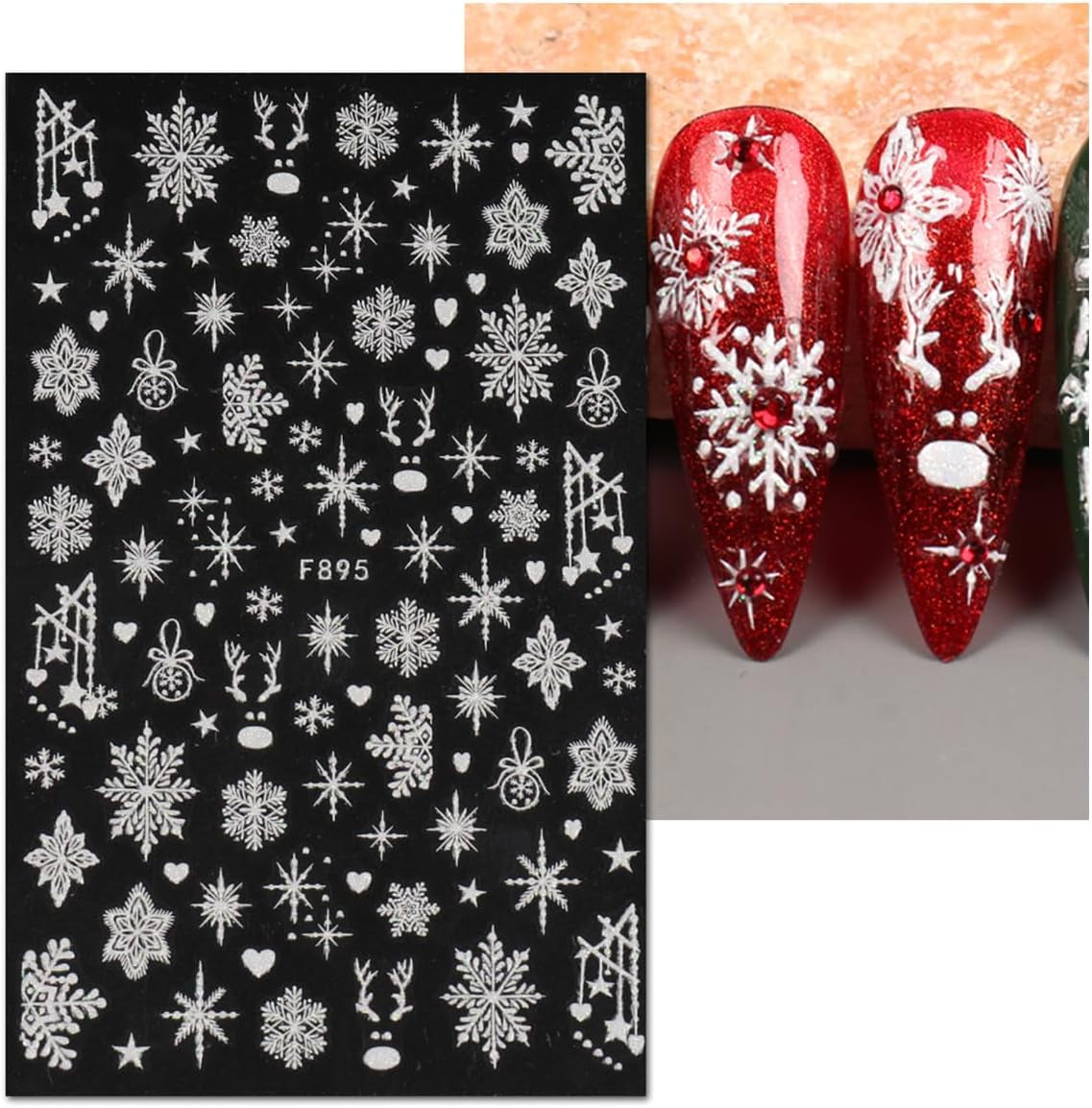 JMEOWIO Nagelsticker Weihnachten Weiß Glitter 8 Blatt Nail Art Sticker Selbstklebend Nagelaufkleber Schneeflocke Winter Urlaub Dekoration Nageldesign Zubehör