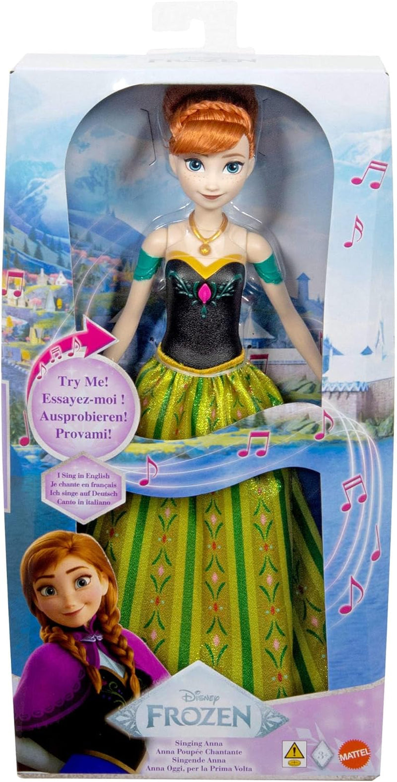 Mattel Toys Disney Frozen Anna Singende Modepuppe im ikonischen Outfit singt „Zum ersten Mal“ aus dem Disney-Film in Englisch, Französisch, Deutsch, Italienisch, JDL59