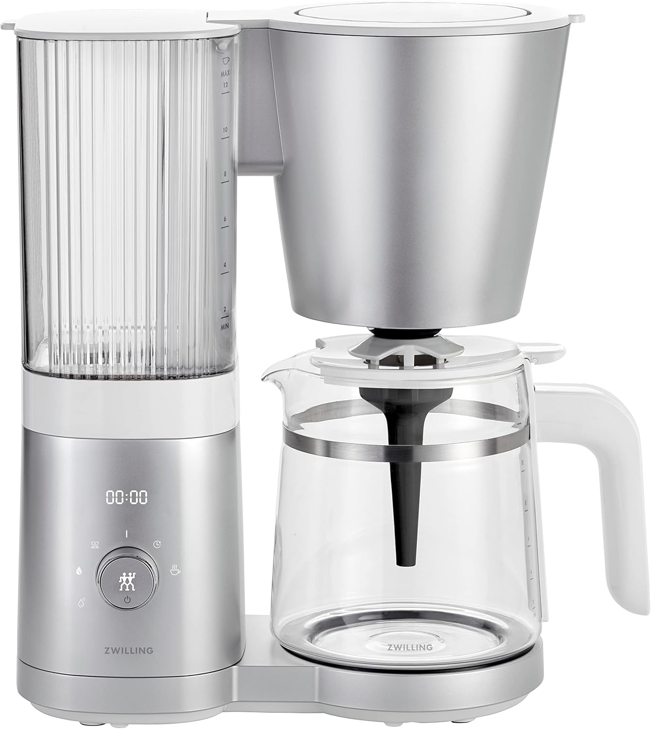 ZWILLING ENFINIGY Filter-Espressomaschine mit 1,5 l Glaskaraffe, Espressomaschine mit Edelstahlboiler, Blooming-Funktion und Smart-Entkalkung, Kunststoff, Silber