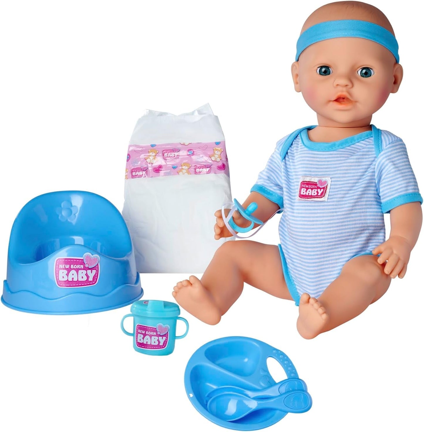Simba 105030044 – Neugeborene Puppe – Junge, Vollvinylpuppe mit Schlafaugen, Trink- und Benetzungsfunktion und Zubehör, 8 Teile, 43 cm, Babypuppe, ab 3 Jahren