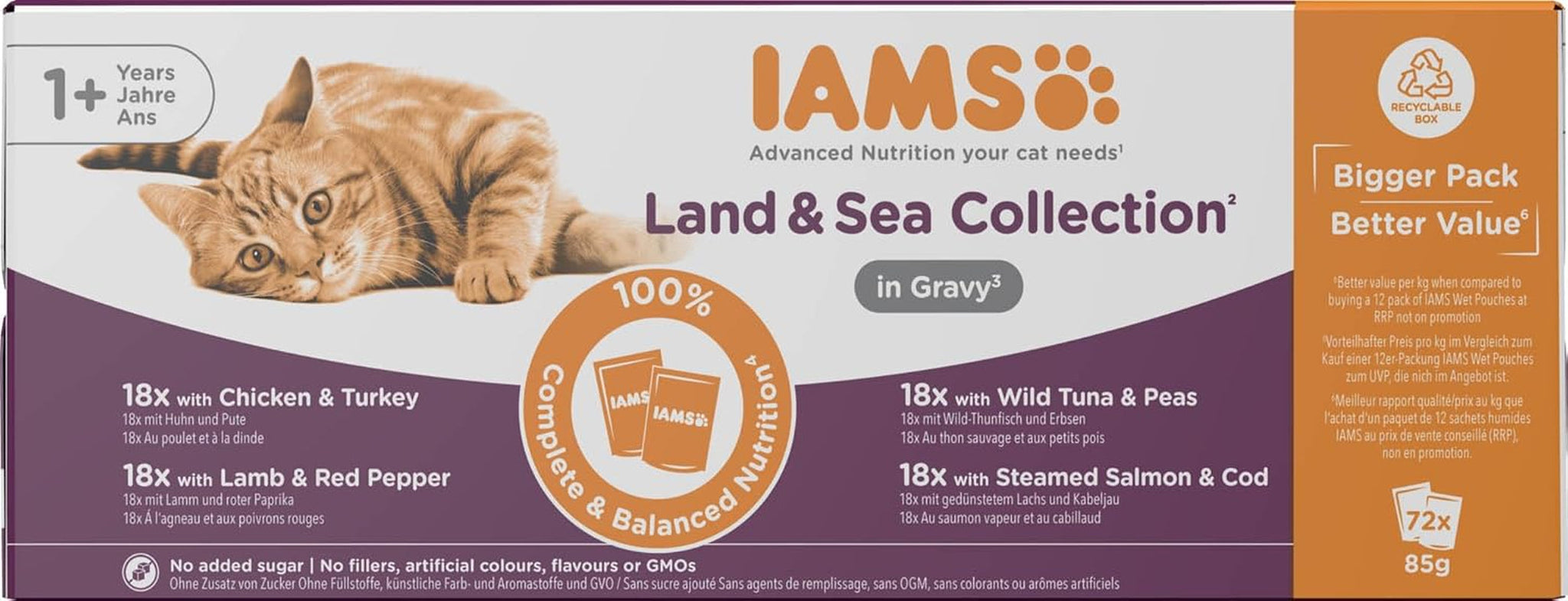IAMS Delights Land & Sea Collection Nassfutter für Katzen – Fleisch- und Fischsortiment, Multipack in Soße, Nassfutter für Katzen ab 1 Jahr, 72 x 85 g