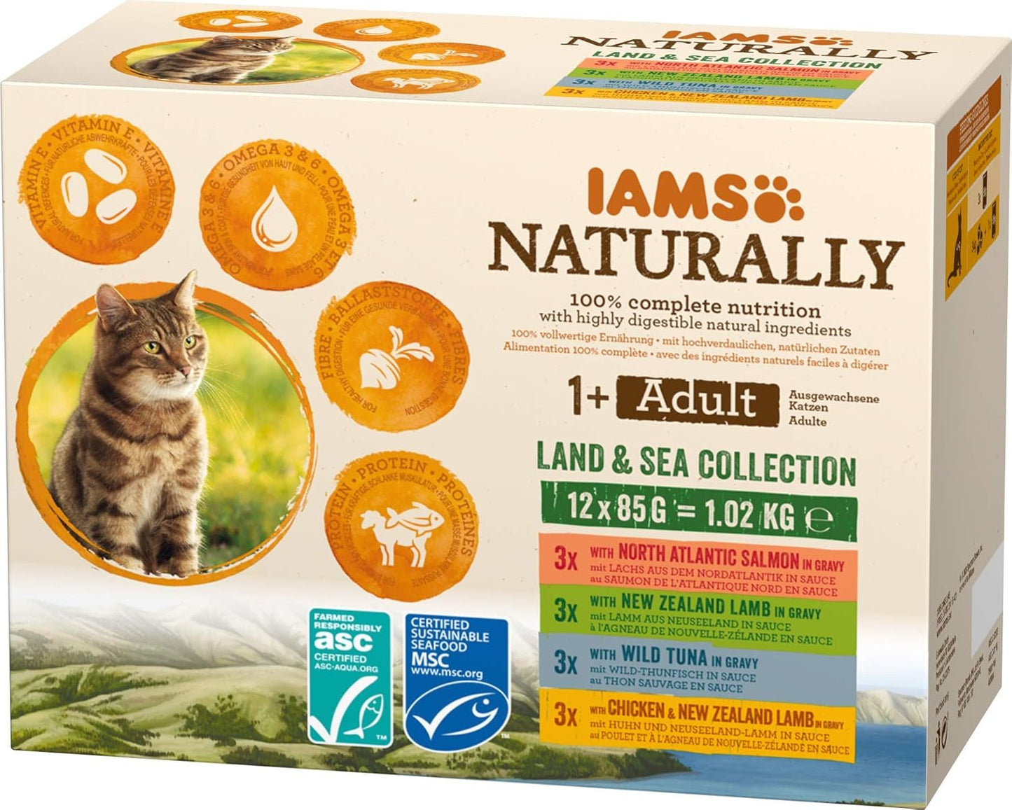 IAMS Natürliches Nassfutter für Katzen in Soße – Hochwertiges Fleisch- und Fischnassfutter für erwachsene Katzen, Land & Sea Collection, 12 x 85 g