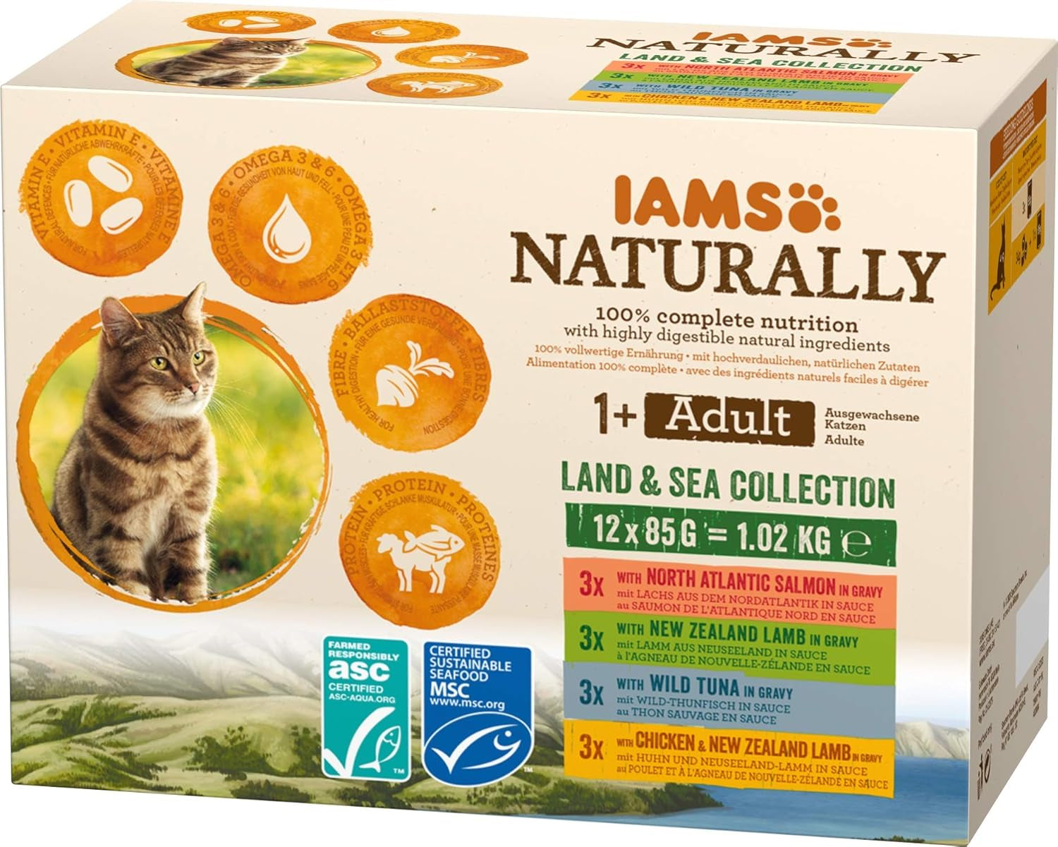 IAMS Natürliches Nassfutter für Katzen in Soße – Hochwertiges Fleisch- und Fischnassfutter für erwachsene Katzen, Land & Sea Collection, 12 x 85 g