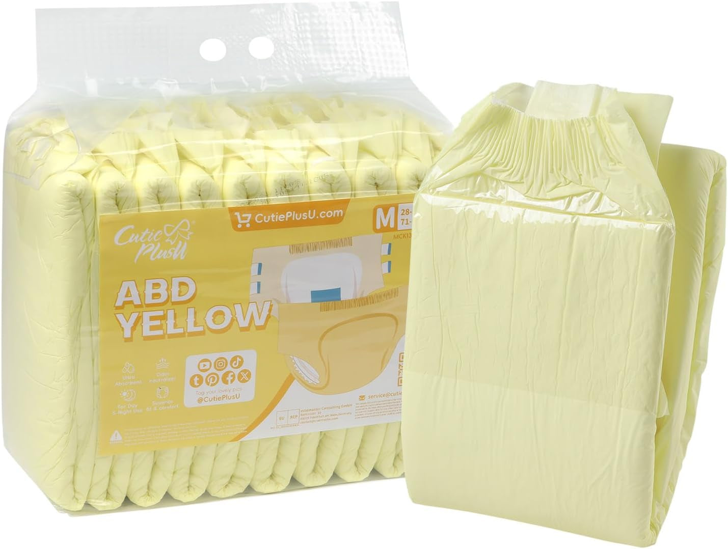 CutiePlusU Windeln für Erwachsene, 10er-Pack Einweg-Inkontinenzhöschen mit Schlaufen für Damen und Herren, maximale Saugfähigkeit über Nacht – Gelb (mittlere Größe 71–96 cm)