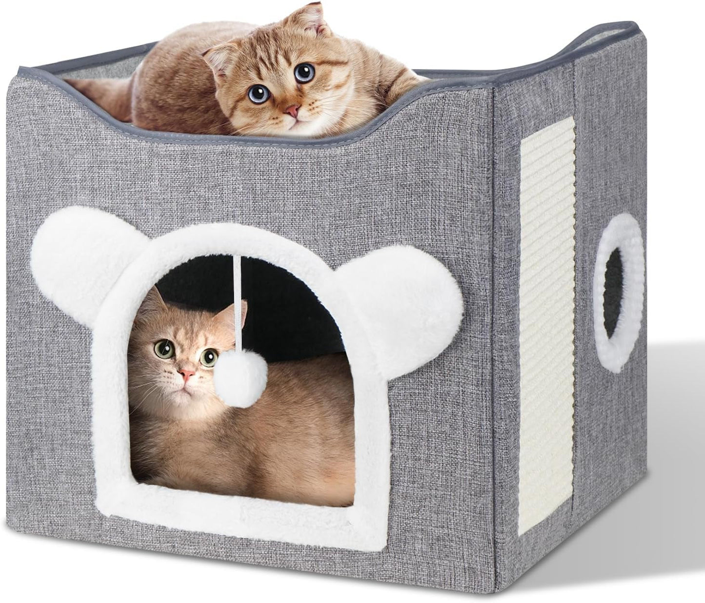 Katzenbetten für Indoor Katzen, Faltbares Katzenhaus, Katzenhöhle 2 Schicht Würfel Großer Raum Katzenbett mit Kratzbrett und Spielball, 15,8 x 15,8 x 15 Zoll