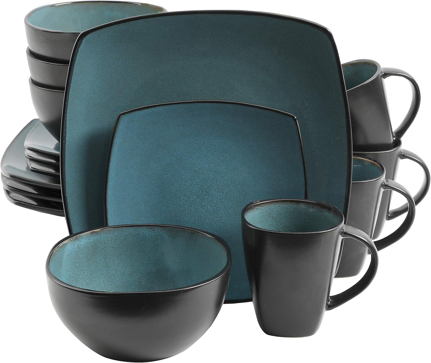 Gibson 99813.16R Elite Soho Lounge Reactive Glaze 4-Personen-Geschirrset, 16-teilig, Blau-Grün/Schwarz-Zweitoneffekt