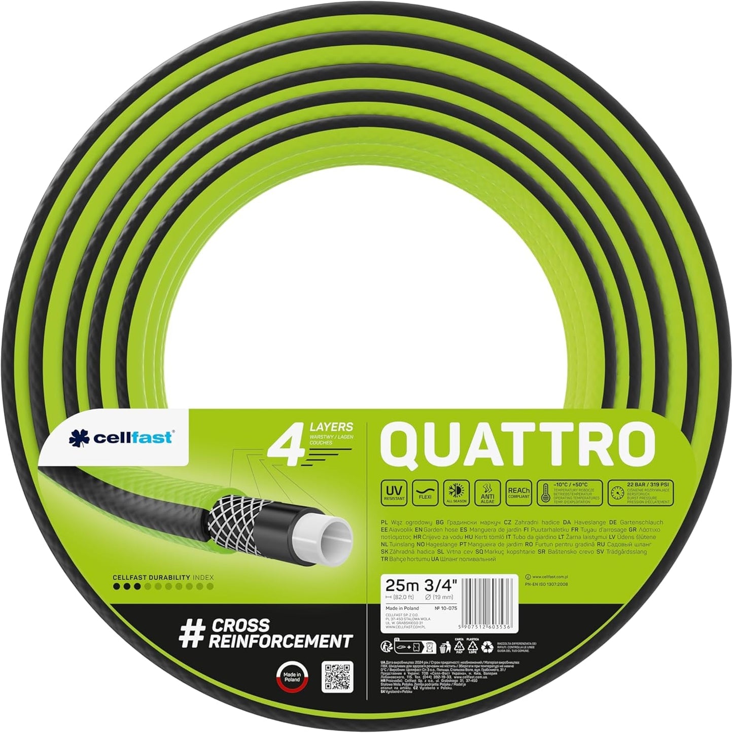 Cellfast QUATTRO Gartenschlauch, langlebig, leicht, 4-lagiger, UV-beständiger Drahtschlauch, Kreuzgeflecht, 20 Bar, 3/4 Zoll, 15 m, 10-074