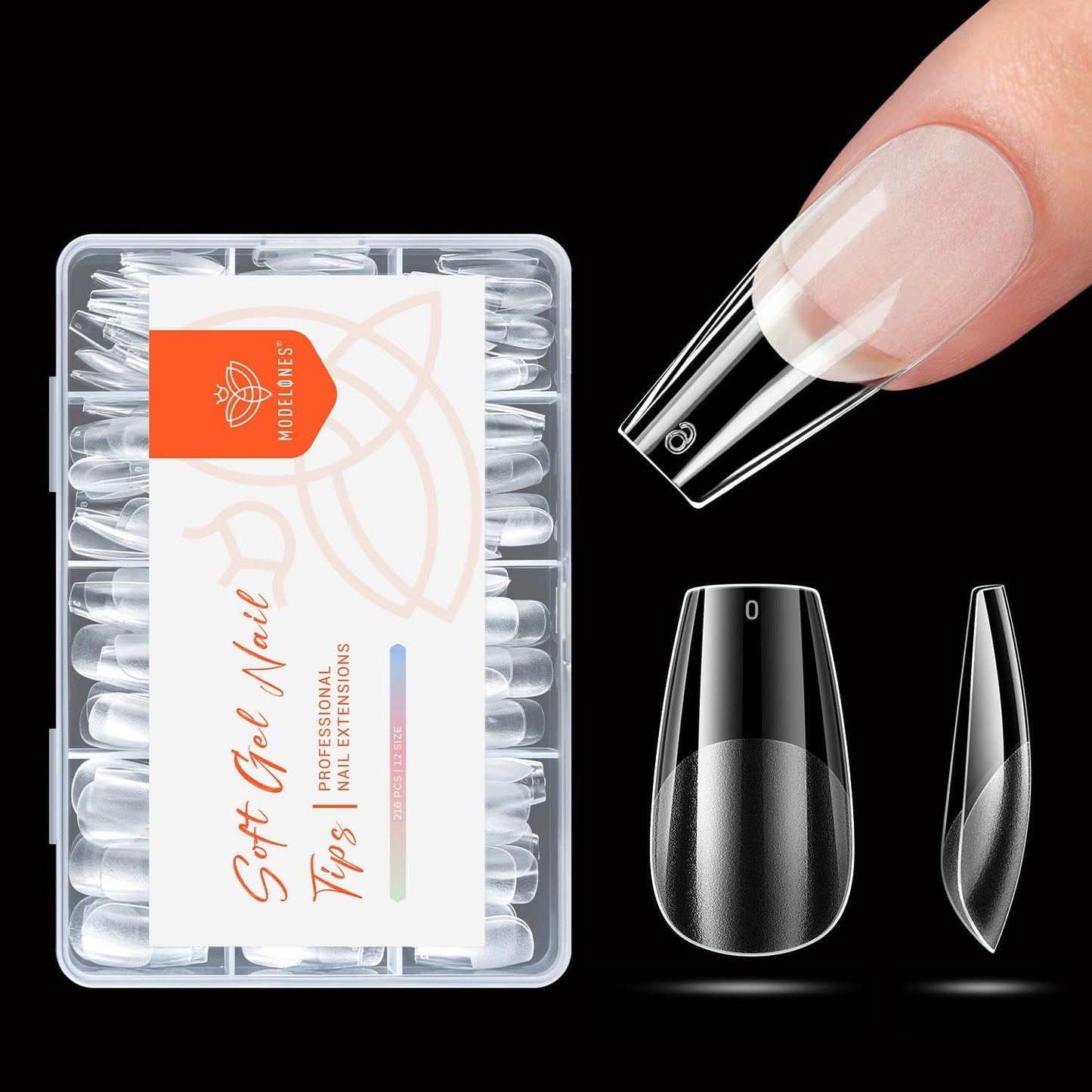 Modelones Nagelspitzen 216-teilig – Nagelspitzen-Set mit vollständiger Abdeckung, weiches Gel-Spitzen-Set, vorpolierende PMMA-Harz-Nagelspitzen, DIY-Kleber auf künstlichen Nägeln für Nagelkunst, kurze Mandeln XS