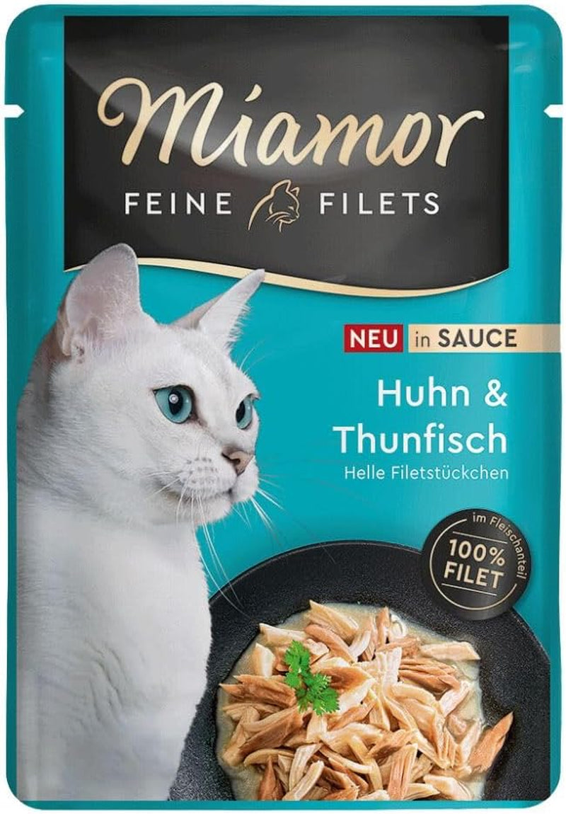 - Feine Filets in Soße | Nassfutter für ausgewachsene Katzen mit Filetstücken in Soße. Fettarme Ergänzungsnahrung im Frischebeutel, ohne künstliche Zusatzstoffe | 24 x 100 g reiner Thunfisch