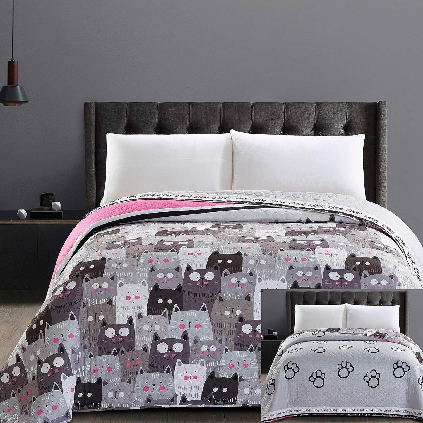 Decoking 32350 Tagesdecke 220 x 240 cm, doppelseitige Mikrofaser-Tagesdecke, pflegeleicht, Beige, Hellbraun, Kakaobraun, Grau, Stahl, Anthrazit, Graphit, Schwarz, Weiß, Rosa, Katzen, Invasion der Katzen, Betten und Decken, Beuche den DecoKing-Store, 220 x 240 cm