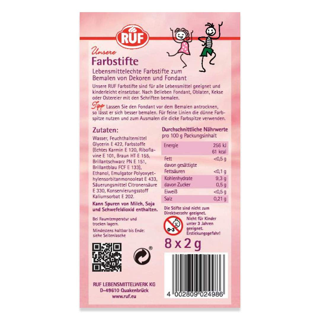 RUF Lebensmittelfarbstifte, Set mit 8 sicheren Lebensmittelfarbstiften zum Malen und Schreiben auf Fondant und Ähnlichem. Zuckerstifte mit je 2 Spitzen