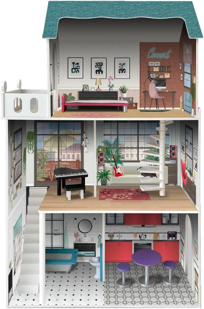 Dreistöckiges Puppenhaus im Soho-Madera-Design mit 8 Möbelstücken, Größe 120 x 33 x 75 cm (913D00181) Naty Shop Dollhouses
