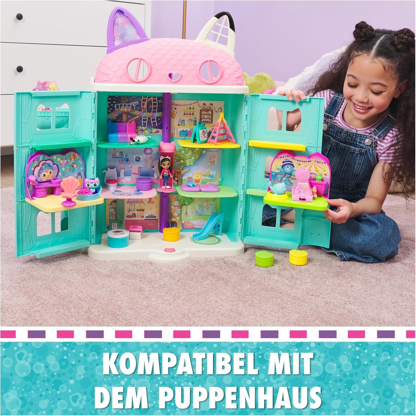 DREAMWORKS GABBY'S DOLLS HOUSE – Deluxe-Zimmer-Spielset, Kitty-Narwal-Partyraum, thematische Möbel und Accessoires, ab 3 Jahren