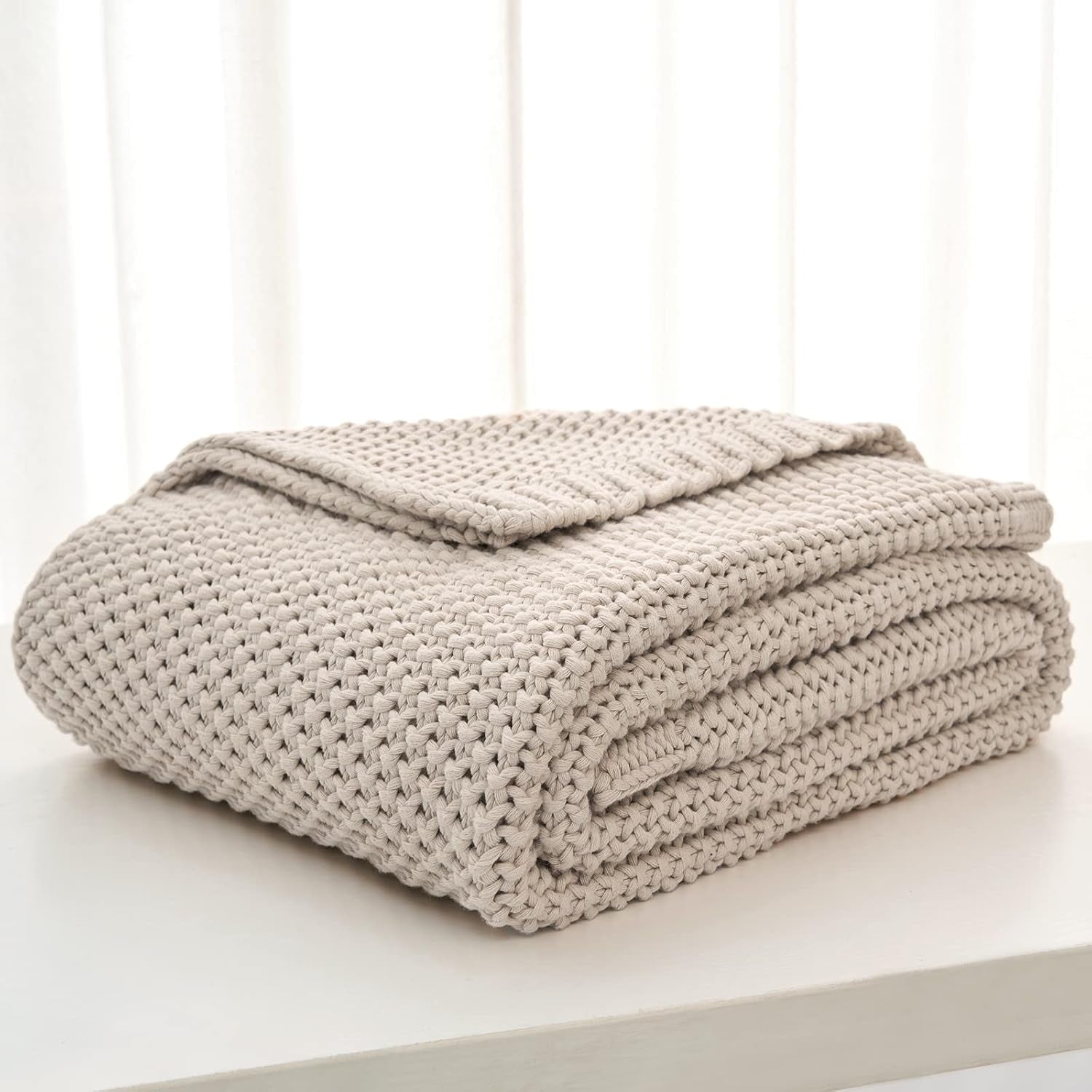 Grobstrick-Überwurfdecke, leicht, Beige, 100 % Bio-Baumwolle, Decke für Couch, Sofa, Bett, Kind, Kinderzimmer, rustikal, Shabby-Chic, modernes Bauernhaus, 152,4 x 203,2 cm, inklusive Wäschesack. Betten und Decken, Longhui-Bettwäsche