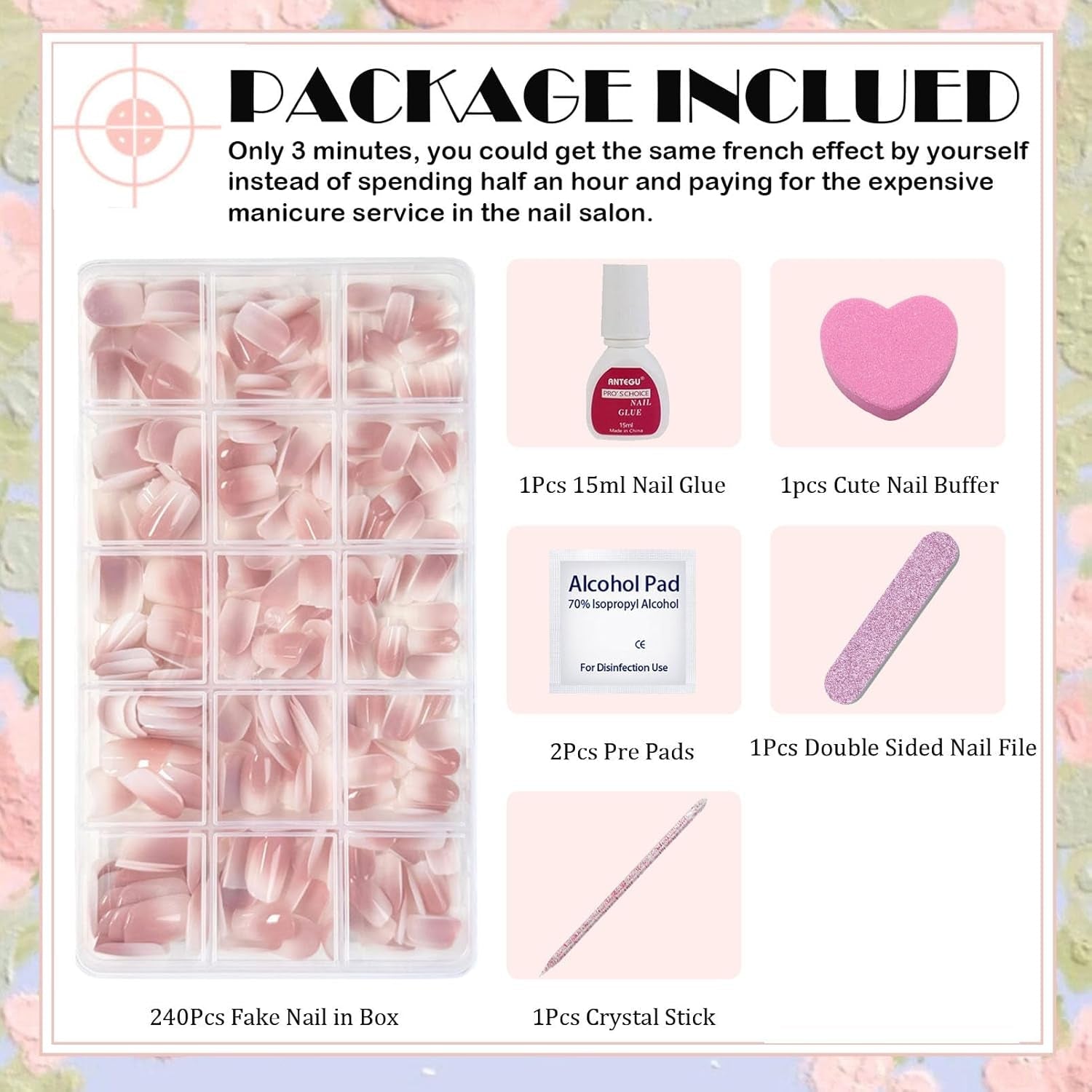 240-teiliges Set mit kurzen Kunstnägeln – kurze natürliche künstliche Nägel zum Aufkleben – künstliche Nägel mit Nude-Farbverlauf für Box-Nagelverlängerungen (Nude-Farbverlauf)