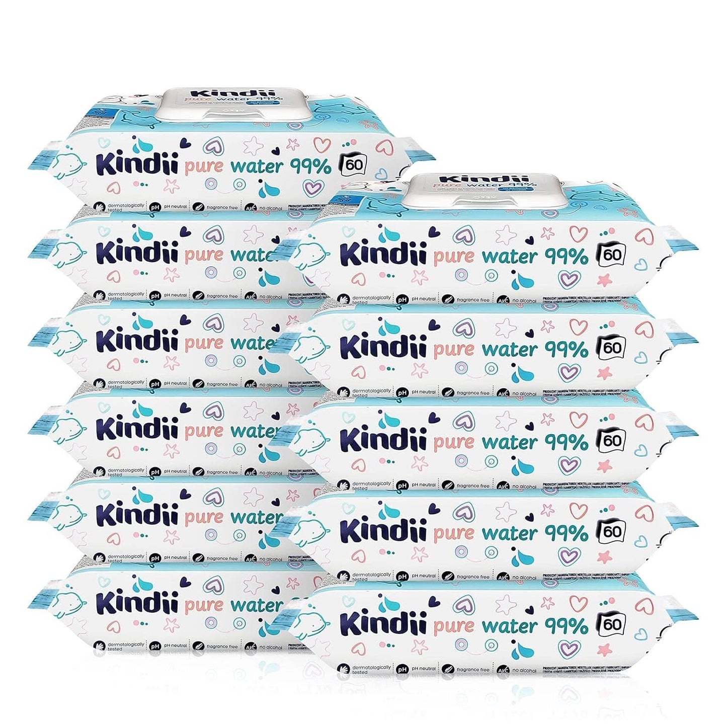 Kindii Feuchttücher Für Babies Und Kinder Pure Water 99% - 99%ige Zusammensetzung Auf Wasserbasis - Allantoin - Unparfümiert - Dermatologisch Getestet - Für Empfindliche Haut - 720 Stück - 12X60 Stück Naty Shop
