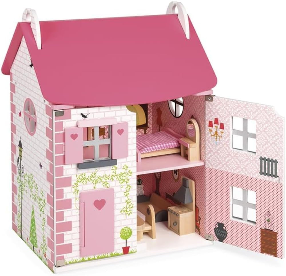 Janod Mademoiselle 3-stöckiges Puppenhaus aus Holz mit 11 Zubehörteilen, Spielzeugnachbildung, fördert die Fantasie, ab 3 Jahren, J06581