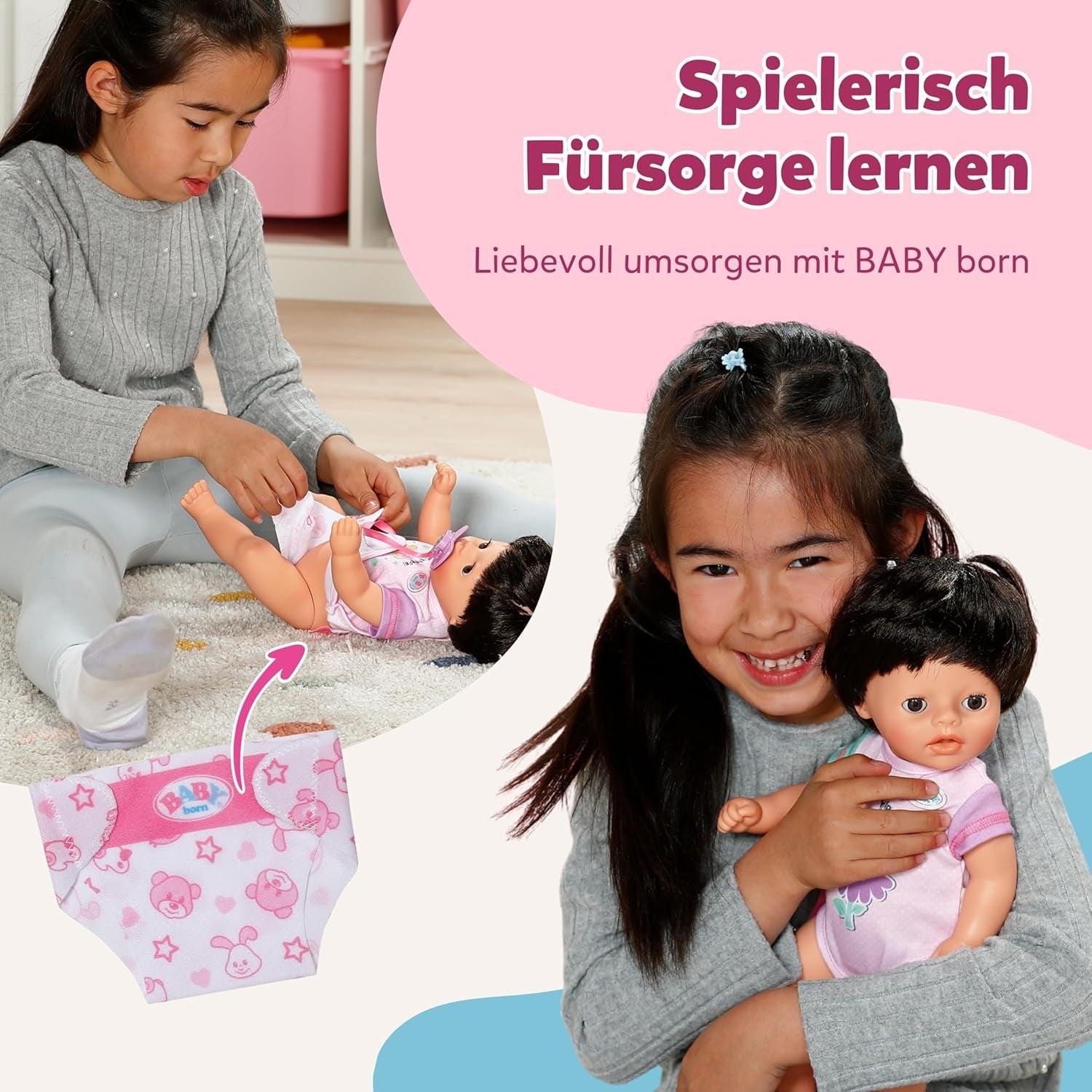 BABY Born Amy – 36 cm große Puppe – Babypuppe mit 7 Funktionen für Kleinkinder ab 1 Jahr – Funktioniert ohne Batterien – Inklusive Zubehör und Matratze