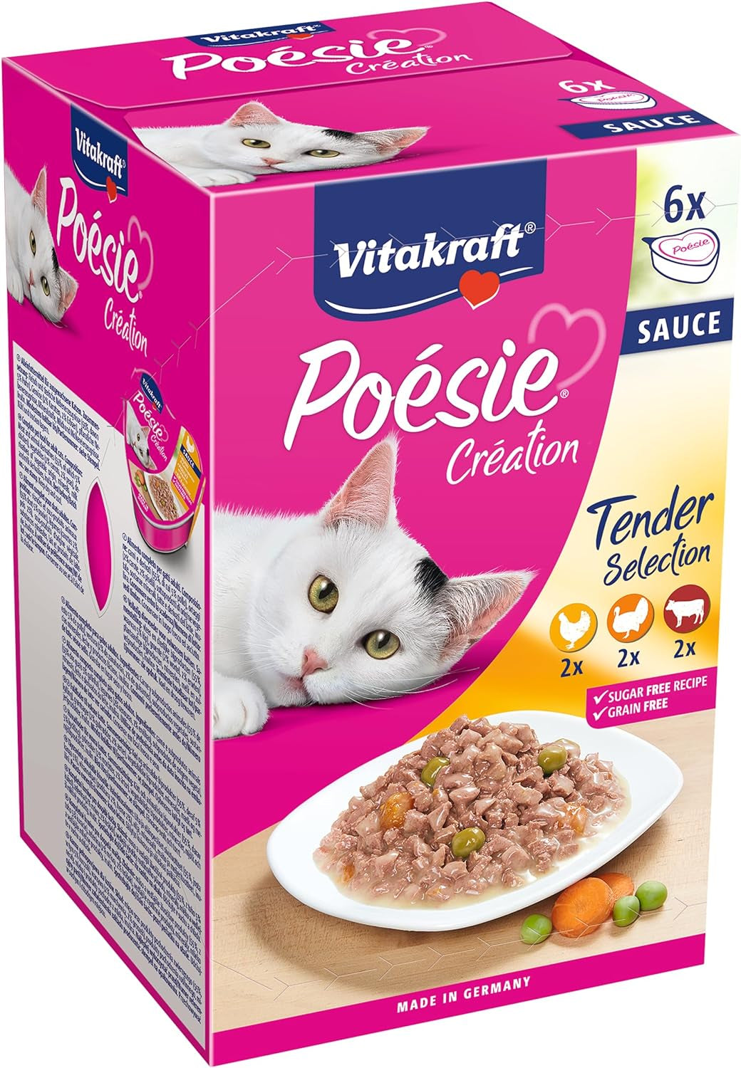 Vitakraft Poésie Création, Tender Selection, Nassfutter für Katzen, Nassfutter für Katzen in Soße, mit Huhn, mit Truthahn, mit Rindfleisch, ohne Zuckerzusatz und Getreide (1 Packung à 6 x 85g)