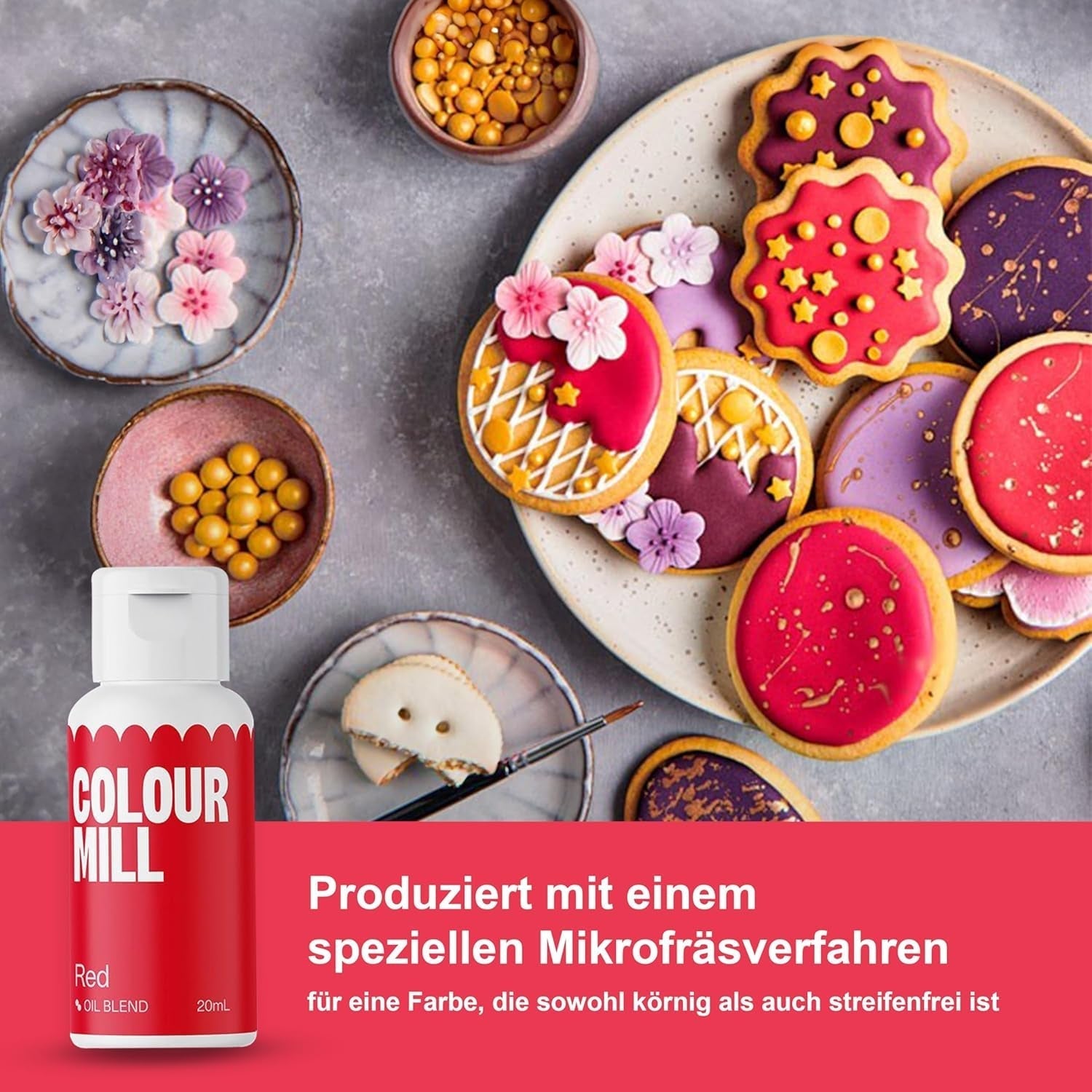 Color Mill Flüssiges Lebensmittelfarben-Set – 5 x 20 ml auf Ölbasis (Schwarz, Pink, Lila, Rot und Blau) – UV-beständig – perfekt zum Backen und als Belag für Kuchen, Muffins und Kuchendekorationen
