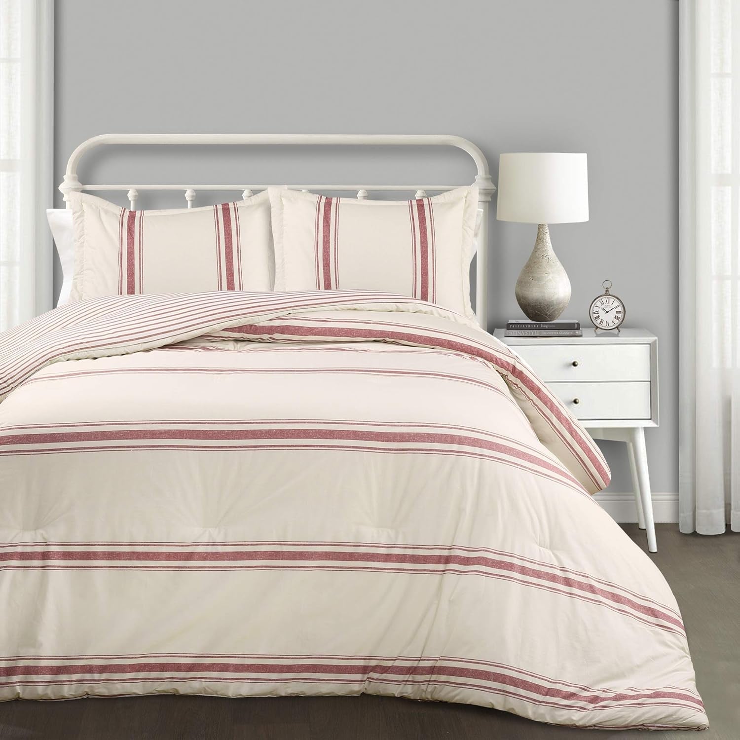Lush Decor gestreifte Bauerndecke, Full/Queen, graue Steppdecken und Quilts Naty Shop Red King