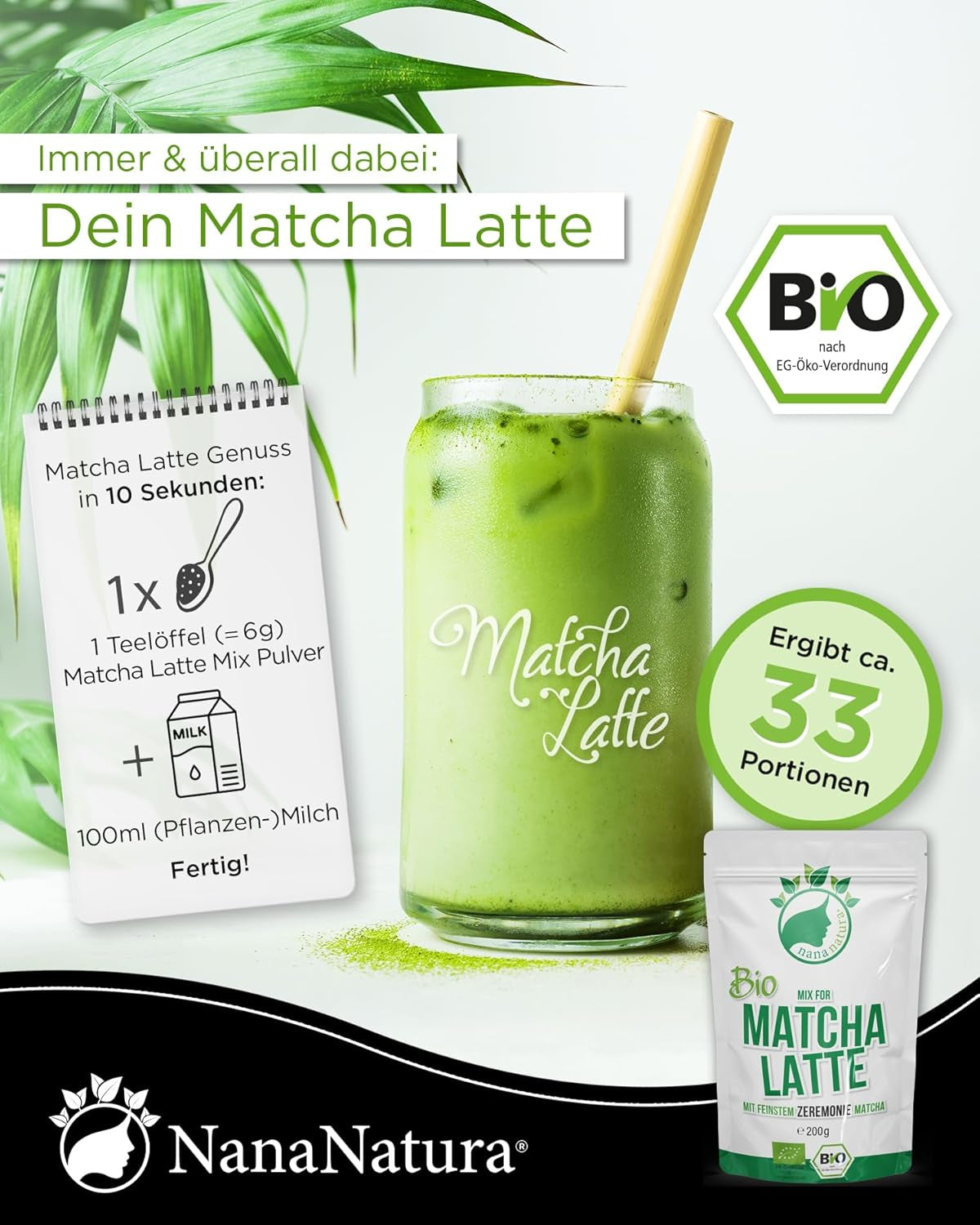 Nananaturas Bio-Matcha-Latte-Mischung mit 22 % Grüntee-Pulver in Zeremonienqualität aus Japan | Für einen einfachen und köstlichen Teegenuss | Auch für Eis und Gebäck geeignet