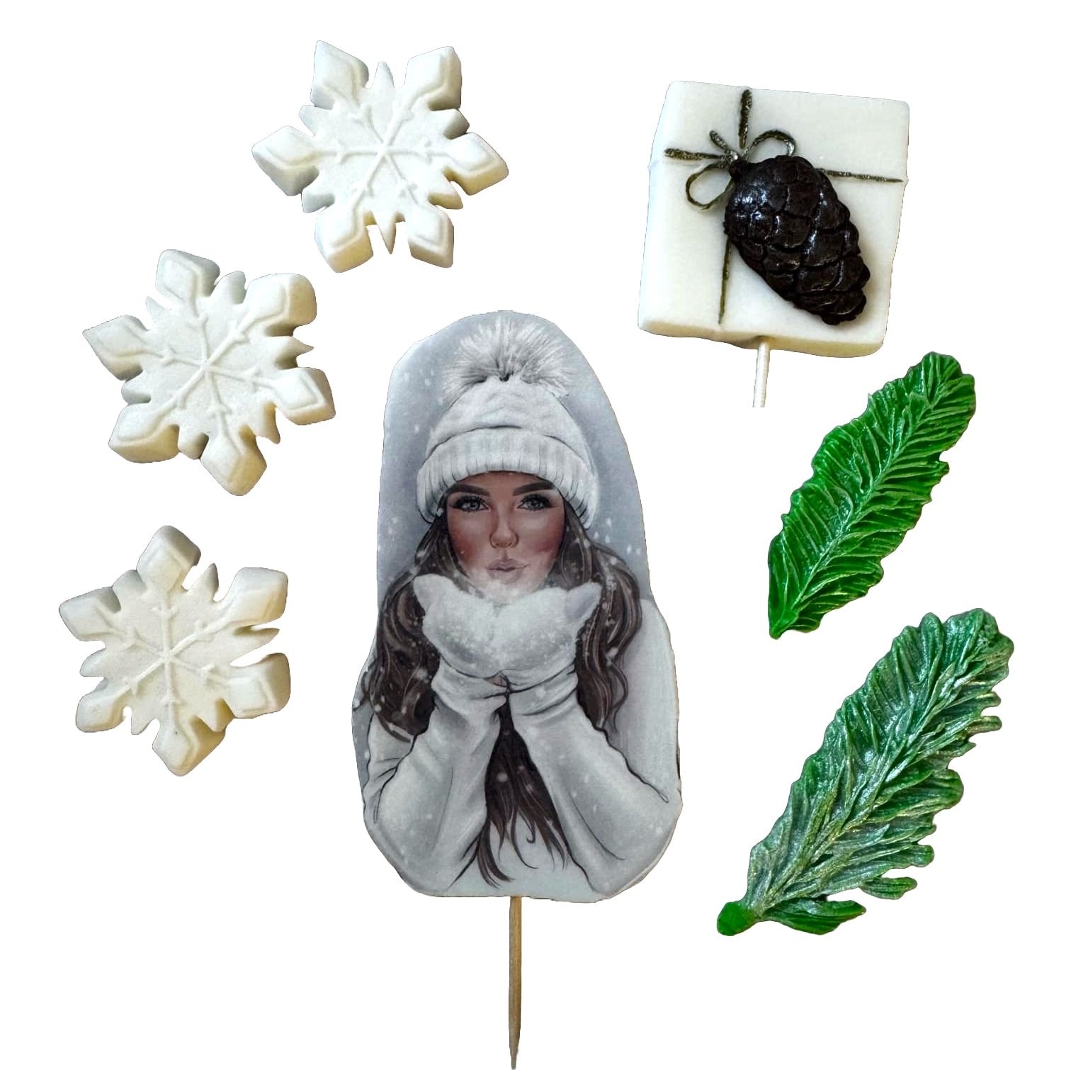 Set mit 7 essbaren Dekorationen aus Zuckerpaste, schöne Dame, weißer Hut. Dekorationen aus Zuckerpaste, Naty Shop