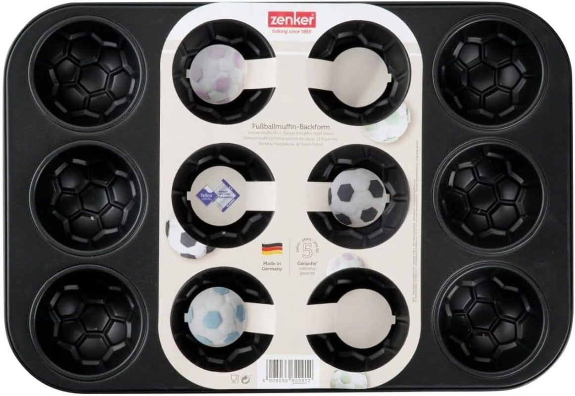 Zenker 12Er Muffinform – Muffinbackblech Für Muffins Und Cupcakes Aus Der Serie Soccer Baking– Hitzebeständiges 12Er Muffinblech Mit Antihaftbeschichtung, Schwarz Formen und Bleche zum Backen Naty Shop